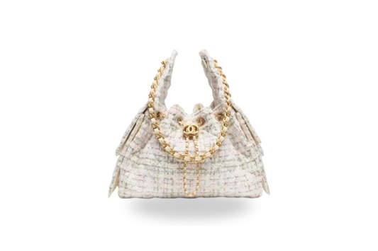 Chanel Handbag 25 White Small Wool Tweed & Gold-Tone Metal Ecru, Khaki, Gold & Red"