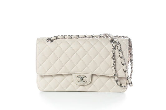 Beige Leather Classic Medium Double Flap Shoulder Bag 24