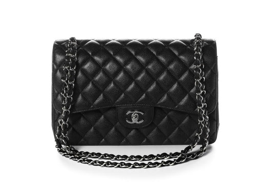 Caviar Quilted Medium Double Flap Black Silver Hard Ware