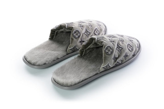 Louis Vuitton Monogram Velvet/Mink Fur Suite Open Back Flat Loafer Slippers
