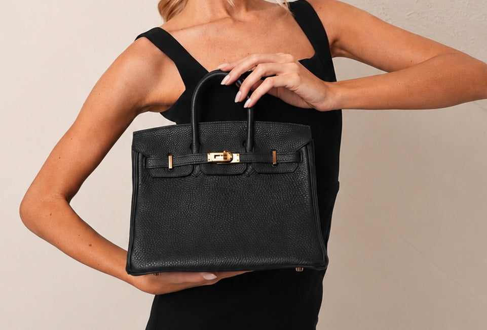 Woman holding a black crocodile handbag