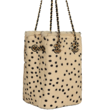 Chanel mini Cheetah Print Bucket Bag with Chain Light Beige Calf Hair and Black Lambskin Gold Hardware