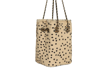 Chanel mini Cheetah Print Bucket Bag with Chain Light Beige Calf Hair and Black Lambskin Gold Hardware