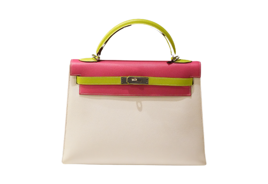Hermes Kelly 32 SPO Epsom White and Rose Tyrien and Kiwi