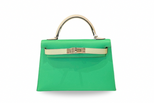 Hermes Mini Kelly Ⅱ Epsom Gris Pale, Vert Comics, Vert Fizz W Stamp