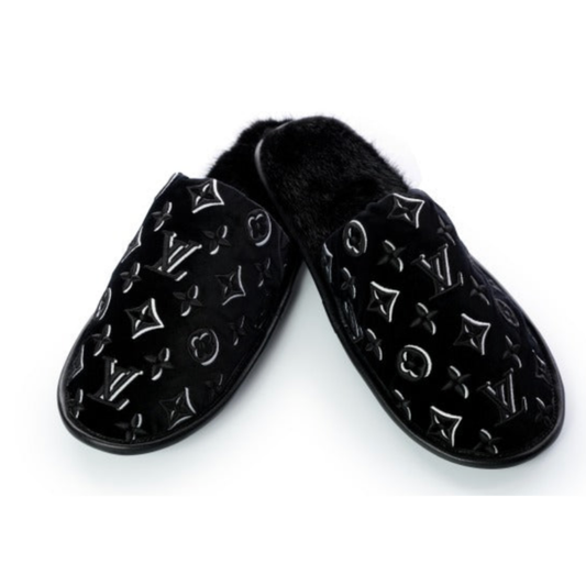 Louis Vuitton Monogram Velvet/Mink Fur Suite Open Back Flat Loafer Slippers black