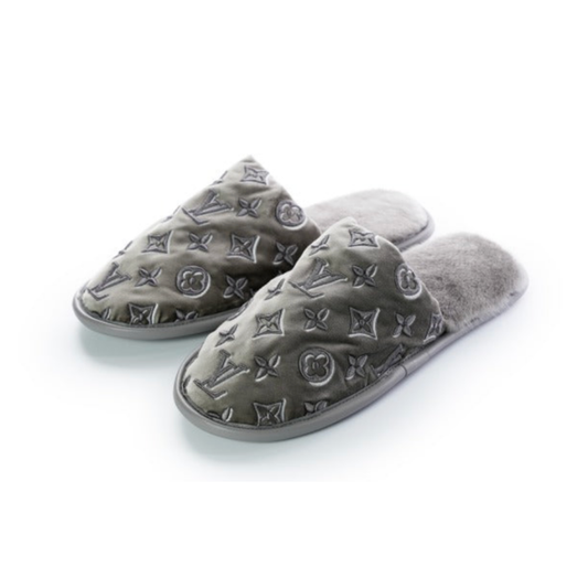 Louis Vuitton Monogram Velvet/Mink Fur Suite Open Back Flat Loafer Slippers