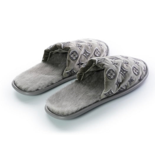Louis Vuitton Monogram Velvet/Mink Fur Suite Open Back Flat Loafer Slippers