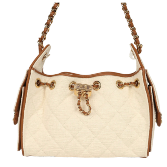 Chanel Handbag25 Ecru and Camel Mini Canvas &  Calfskin & Gold Tone