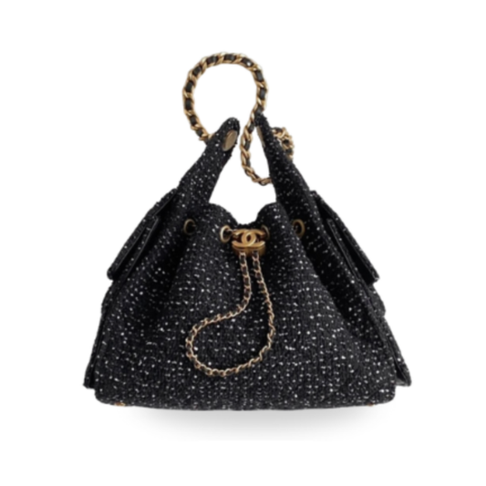 Chanel Handbag 25 Black Small Wool Tweed & Gold-Tone Metal Black