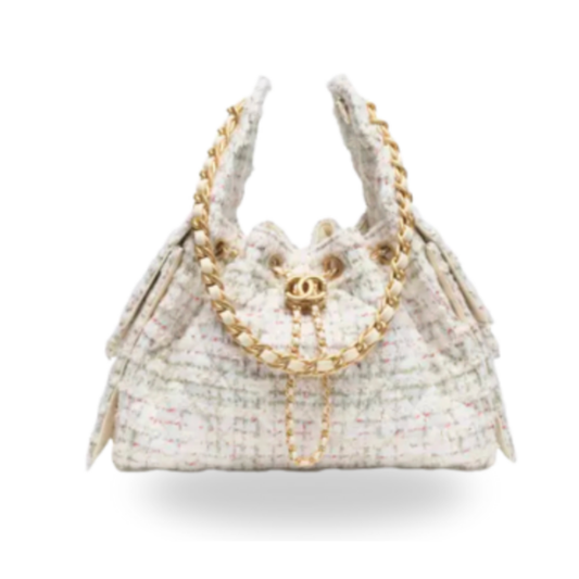 Chanel Handbag 25 White Small Wool Tweed & Gold-Tone Metal  Ecru, Khaki, Gold & Red"